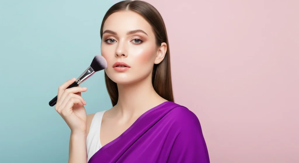 Beautiful woman holding a professional makeup brush showing flawless natural makeup finish
