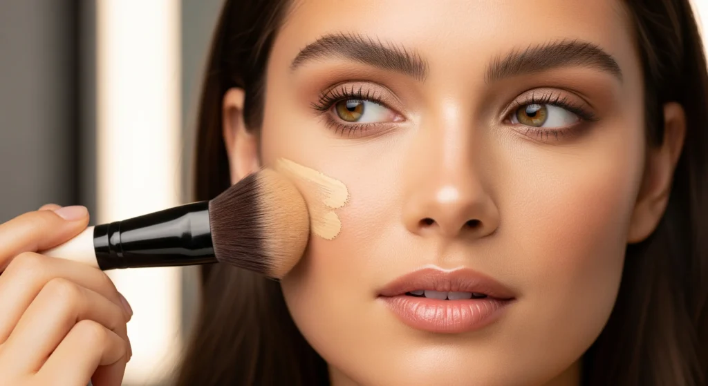 Woman applying liquid foundation with a buffing makeup brush for smooth coverage